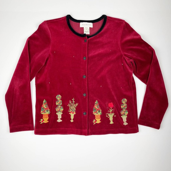 Susan Bristol Red Velour Ugly Christmas Sweater Cardigan Holiday Plants Trees - Picture 1 of 16